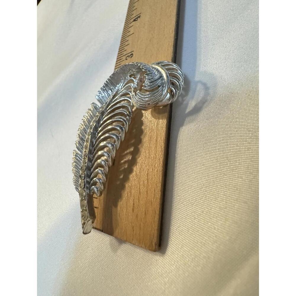Vintage 1980s Silver & Gold Tone Feather With Rhinestone Brooch
